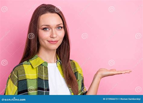 Photo Of Lovely Positive Person Hand Palm Hold Demonstrate Empty Space