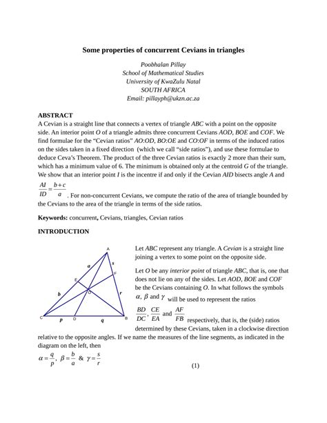 Pdf Some Properties Of Concurrent Cevians In Triangles