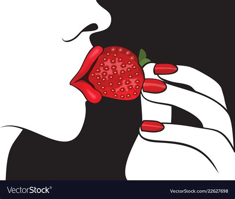 Beautiful Woman With Red Lips Eating Strawberry Vector Image