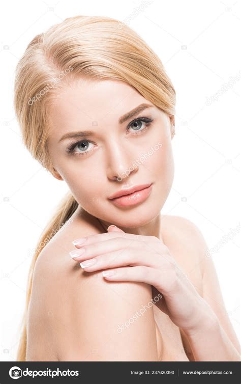 Attractive Naked Woman Touching Shoulder Looking Camera Isolated White Stock Photo By