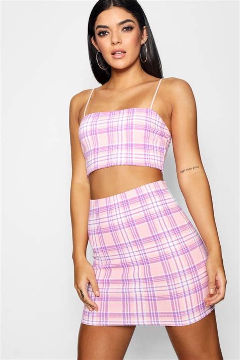 Womens Check Strappy Crop Mini Skirt Co Ord Set Boohoo Uk Crop Top