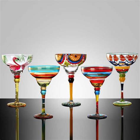 Hand Painted Multicolor Margarita Glass Pottery Wine Goblets With