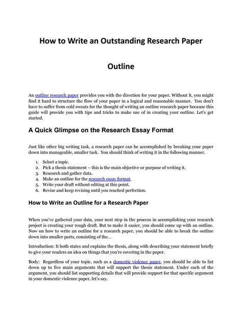 Many instructors tell their students exactly how their research papers should be formatted—for example, how wide the margins should be, where and how the. Writing an Impressive Outline Research Paper by ResearchPaperOutline - Issuu
