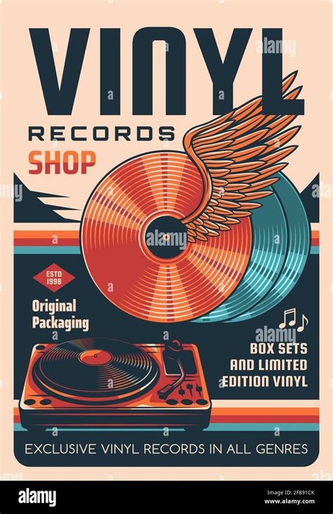 Vinyl Records Shop Vector Retro Poster Winged Vinyl Discs Dj Records
