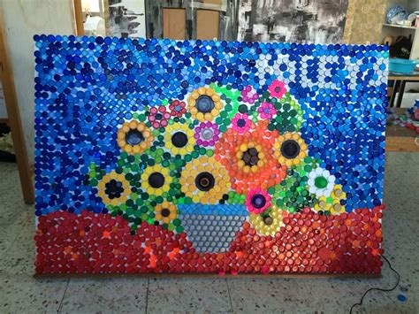 Finished bottle top mosaic | Plastic bottle art, Bottle top art, Plastic bottle caps