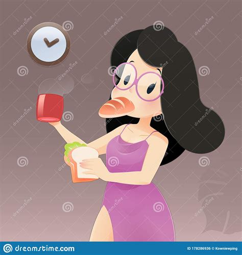 Illustration Woman In Pink Nightgown And Lace Robe Eating At Night Stock Vector Illustration