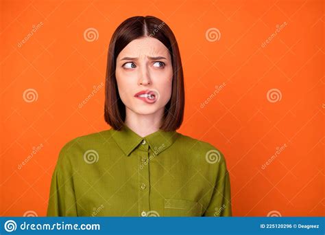 Photo Of Sad Brunette Hairdo Millennial Lady Bite Lip Look Empty Space