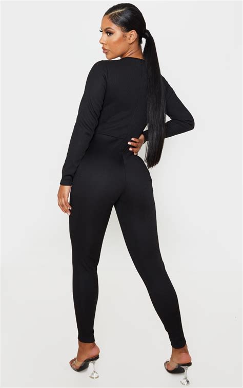 Black Long Sleeve Ribbed Piping Detail Jumpsuit Prettylittlething Il