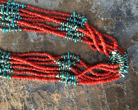 Vintage Strand Coral Bead And Turquoise Chip Necklace Southwestern