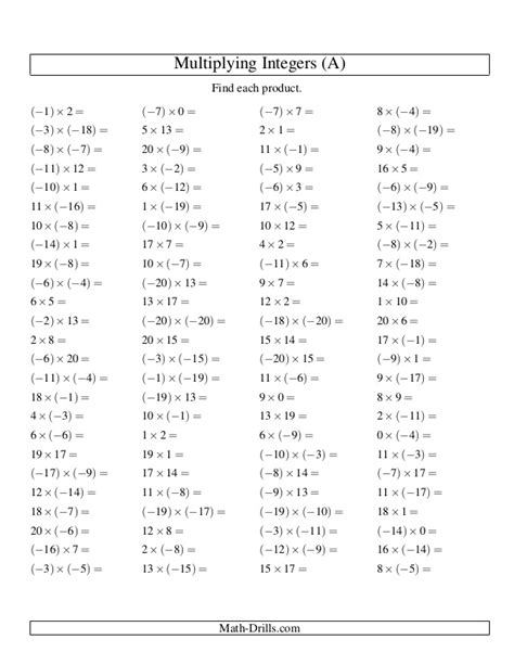 Multiplication Of Integers Worksheet Class 7
