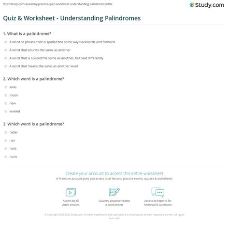 Quiz And Worksheet Understanding Palindromes