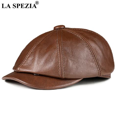 La Spezia Newsboy Cap Men Brown Genuine Leather Octagonal Hat Cowskin