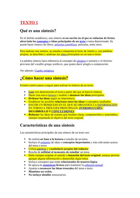 Concepto DE Sintesis TEXTO 1 Qué es una síntesis En el ámbito