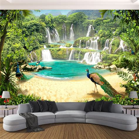 Find the best free stock images about 3d wallpaper. Custom 3D Wallpaper Murals Waterfall Peacock Lake ...