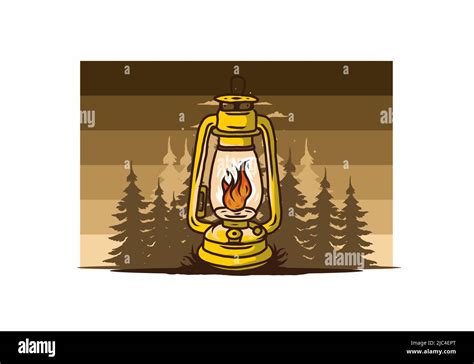Colorful Vintage Outdoor Lantern With Fire Flame Between Pine Trees Illustration Design Stock