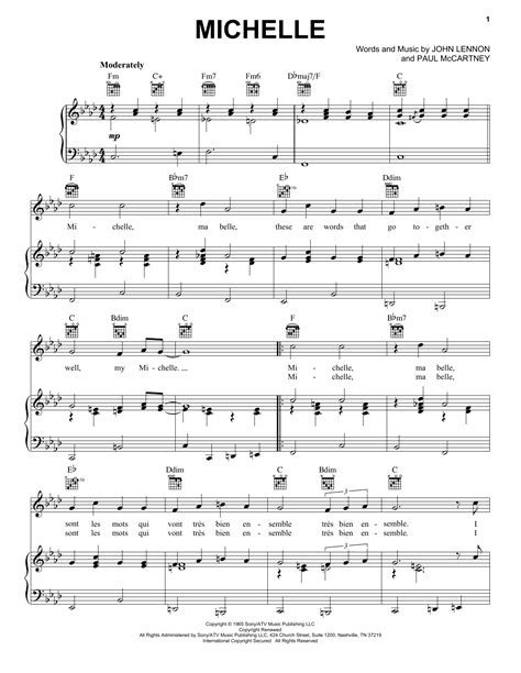 Michelle Sheet Music The Beatles Piano Vocal And Guitar Chords