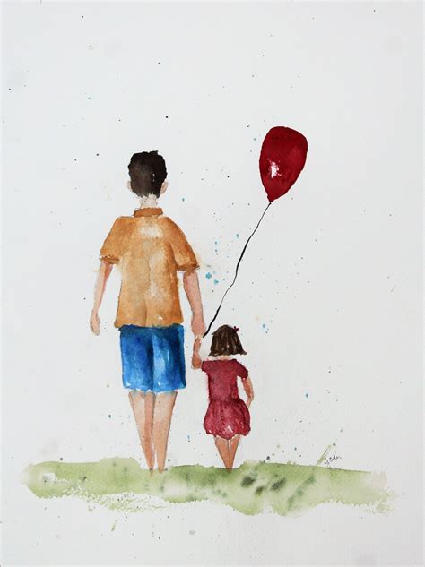Original Watercolor Painting Dad And Daughter Looking Up Into The Sky