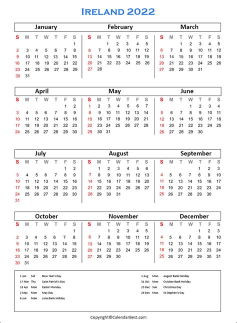 Free Printable Ireland Calendar 2022 With Holidays
