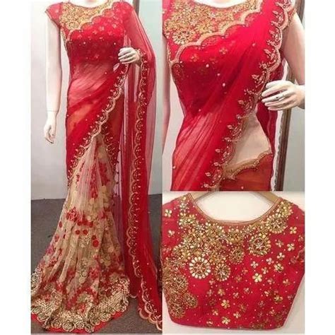 Georgette Party Wear Red Embroidered Net Saree 55 M Separate Blouse
