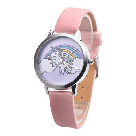 Rowena J - Girls Unicorn Wristwatch Unicorn with Rainbow Background Pink Band Watch-278 