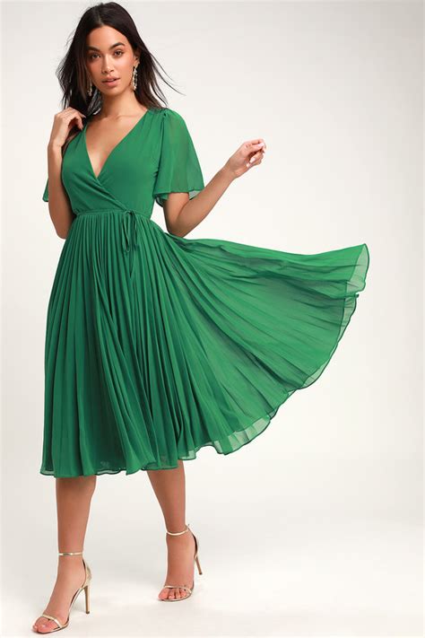 Lovely Green Pleated Dress Pleated Midi Dress Midi Wrap Dress Lulus