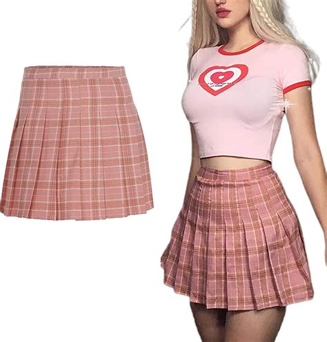 Kilus Womens High Waist Pleated Skirt Girls Slim Plaid Stitching A