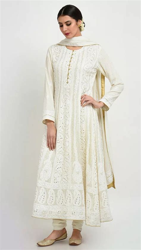 Ivory Chikankari With Kamdani Anarkali Pure Georgette Suit Indian Designer Outfits