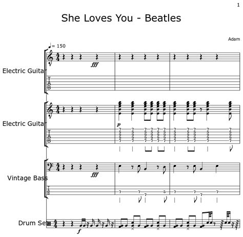 She Loves You Beatles Sheet Music For Electric Guitar Vintage Bass Drum Set