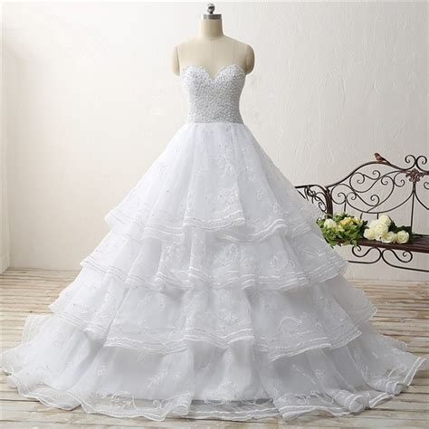 Ball Gown Strapless Organza Ruffle Embroidery Tiered Wedding Dress With