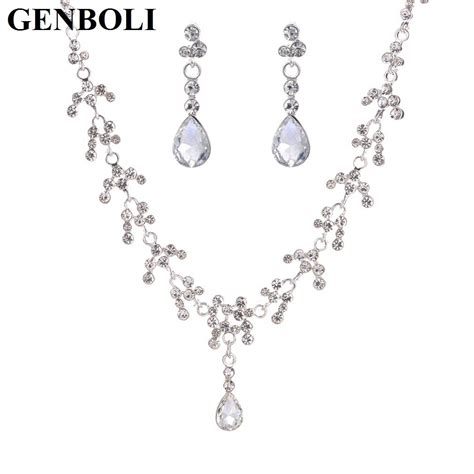 Genboli Crystal Wedding Jewelry Sets Classic Waterdrop Pendant Necklace Bridal Earrings For