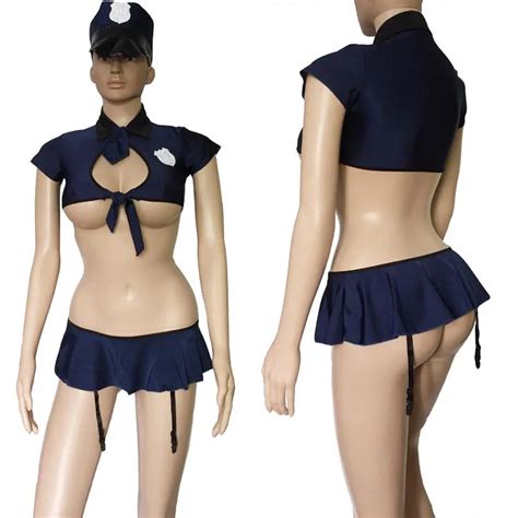 sexy police woman cop role play costume uniform with front fly crop top micro mini skirt with