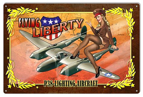 P38 Lightning Aircraft And Pin Up Girl Aviation Metal Sign Pin Ups