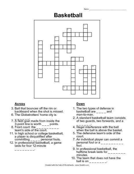 Basketball Crossword Worksheet For 5th 6th Grade Lesson Planet