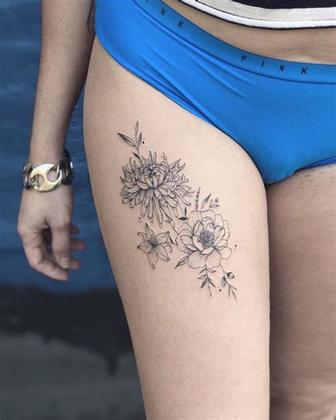 Flower Hip Tattoos Floral Thigh Tattoos Thigh Tattoos Women Sunflower Tattoos Dainty Tattoos