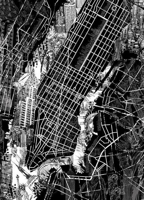 Manhattan Map Black And White Painting By Bekim Art