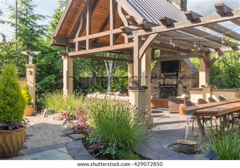 Luxurious Backyard Patio Shelter Complete Fireplace Stock Photo Edit