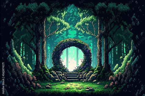 Pixel Art Magic Portal In Mystical Forest Portal To Fantasy Dimension