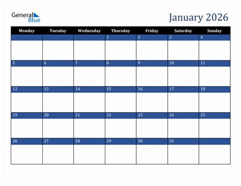 January 2026 Monday Start Calendar Pdf Excel Word