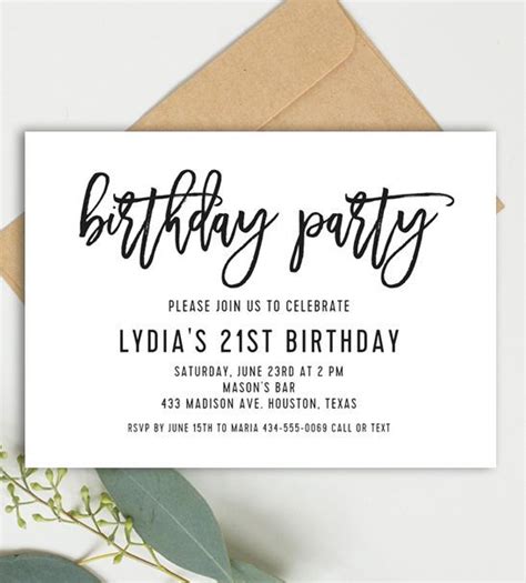 Free Editable Adult Birthday Party Invitation Template Simple Black And White Instant