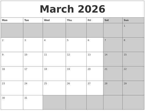 March 2026 Calanders
