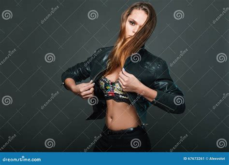 Portrait Of Model Wearing Leather Jacket Stock Image Image Of Elegance Model 67673261