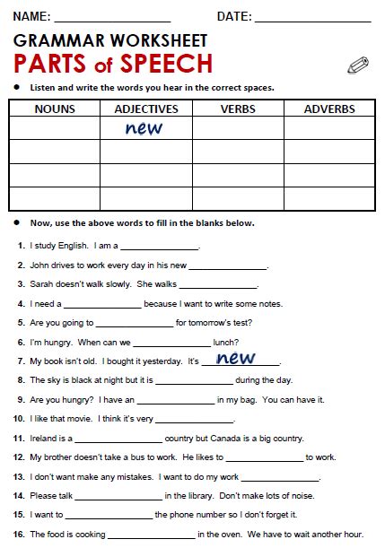 English Worksheets For Grade 4 Parts Of Speech Thekidsworksheet