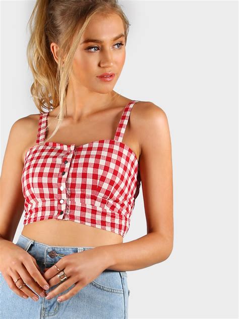 Plaid Snap Button Crop Top Red Plaid Top Outfit Top Summer Outfits