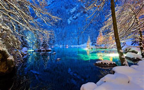 Download Wallpapers Switzerland 4k Winter Lake Night Europe