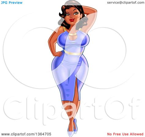Clipart Of A Cartoon Sexy Curvaceous Black Pinup Woman Posing In A Purple Dress Royalty Free