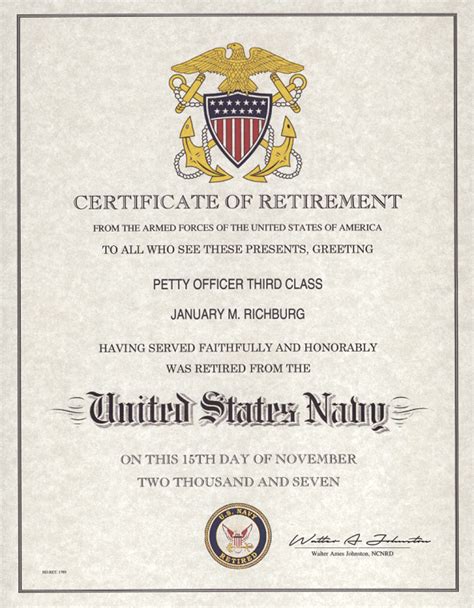 Retirement Certificate Us Navy