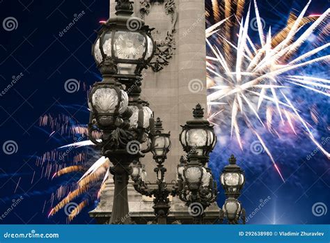 Fireworks Over The Lamp Posts On Alexander Iii Bridge Paris France