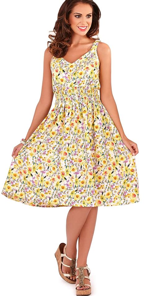 Pretty Ladies Knee Length Garden Floral Frilly Summer Dress Yellow Medium Uk Clothing
