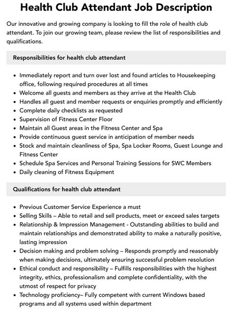 Health Club Attendant Job Description Velvet Jobs