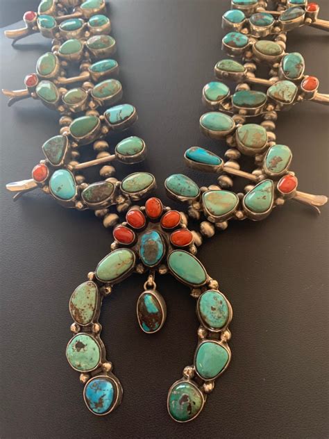 Navajo Sterling Silver Turquoise Coral Squash Blossom Necklace Etsy